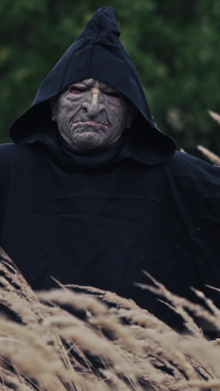 Spooky evil with horrorful face outdoors. Scary view of a black ghost appearing among ripe wheat field. Portrait of death in nature. Vertical video