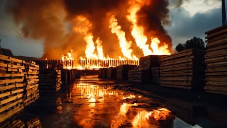 a large pile of wood is engulfed by flames