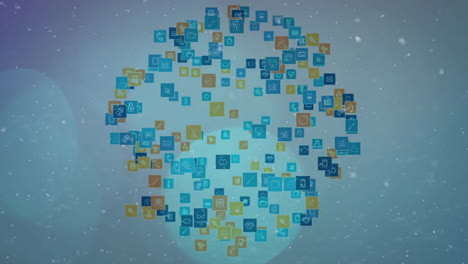 Rotating globe with digital icons and data processing in animation