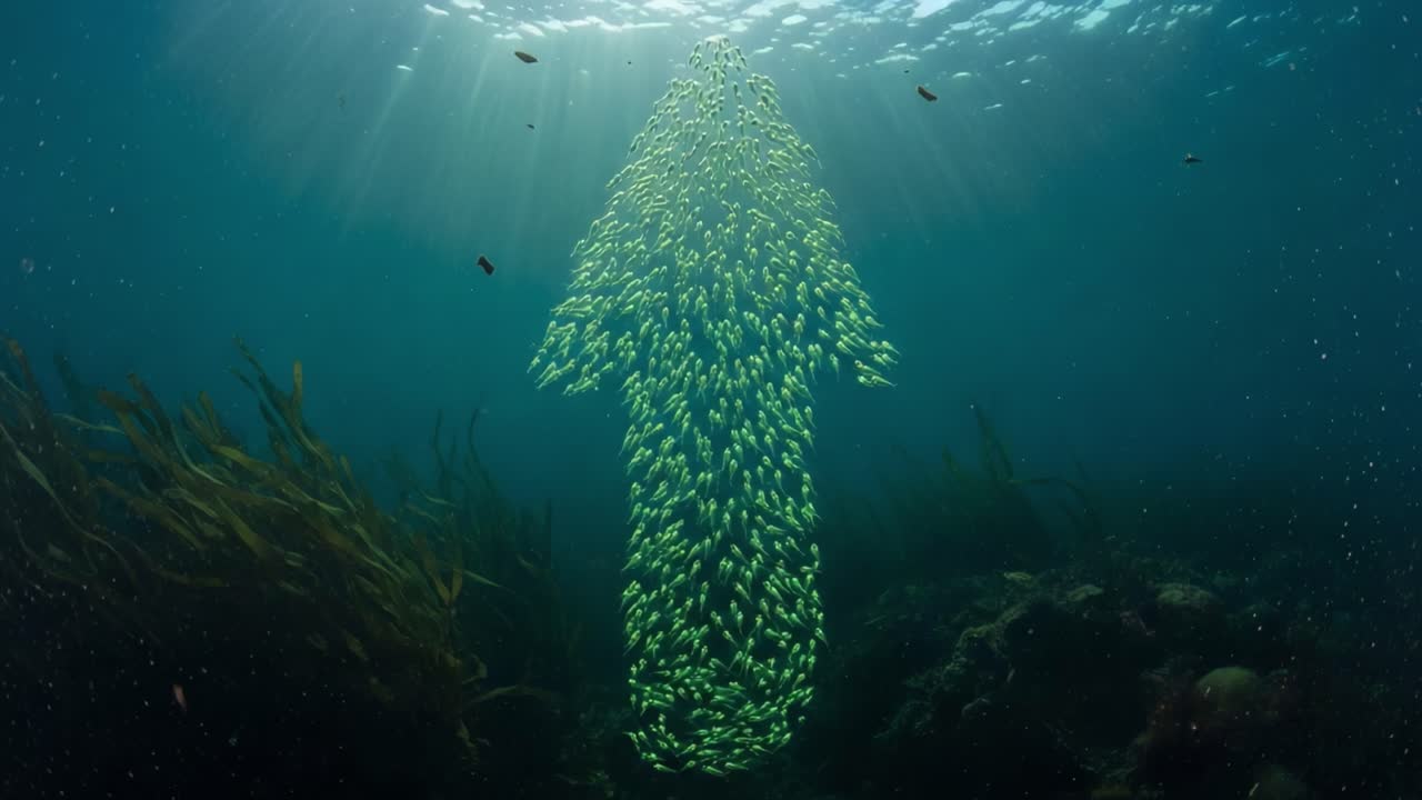 A mesmerizing underwater phenomenon depicts a massive schooling fish formation creating an arrow-like shape, gracefully swimming through sunlit ocean depths, surrounded by marine flora