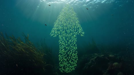 A mesmerizing underwater phenomenon depicts a massive schooling fish formation creating an arrow-like shape, gracefully swimming through sunlit ocean depths, surrounded by marine flora