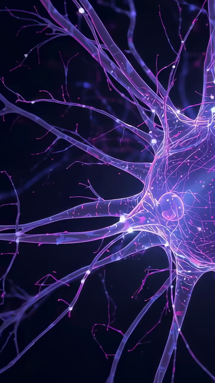 Vertical video: Glowing soma driving neuron sending pulses along dendrites to synapses in deep void