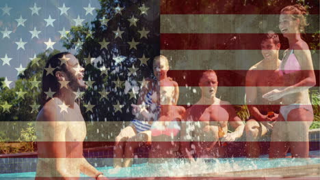 friends having fun at pool with american flag