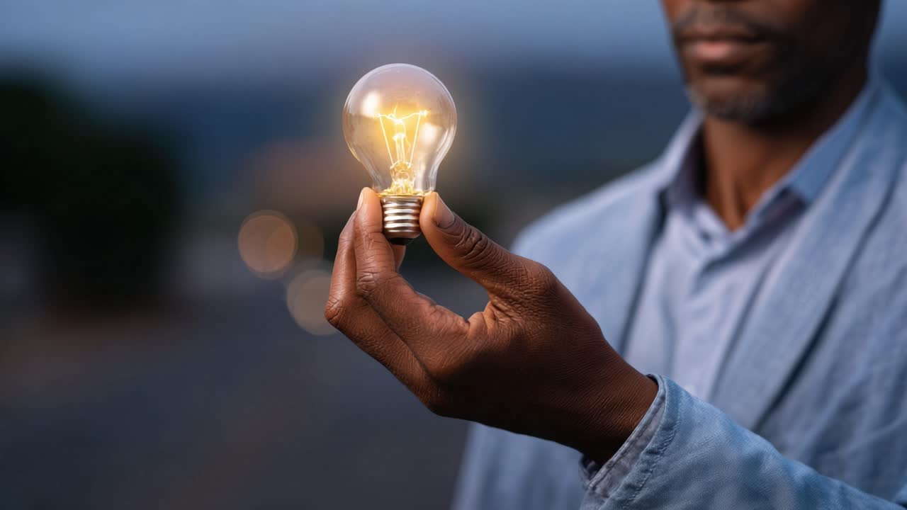 A Thoughtful Individual Holding a Glowing Light Bulb at Dusk, Symbolizing Innovation, Ideas, and Enlightenment in a Serene Outdoor Setting