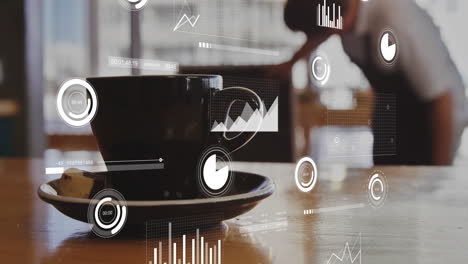 black ceramic coffee cup sitting on matching saucer, showing floating ar timers, charts, data