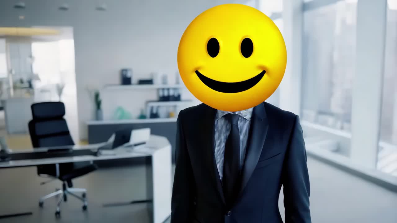 사무실 에서 미소 짓는 얼굴 의 머리 를 가진 사업가