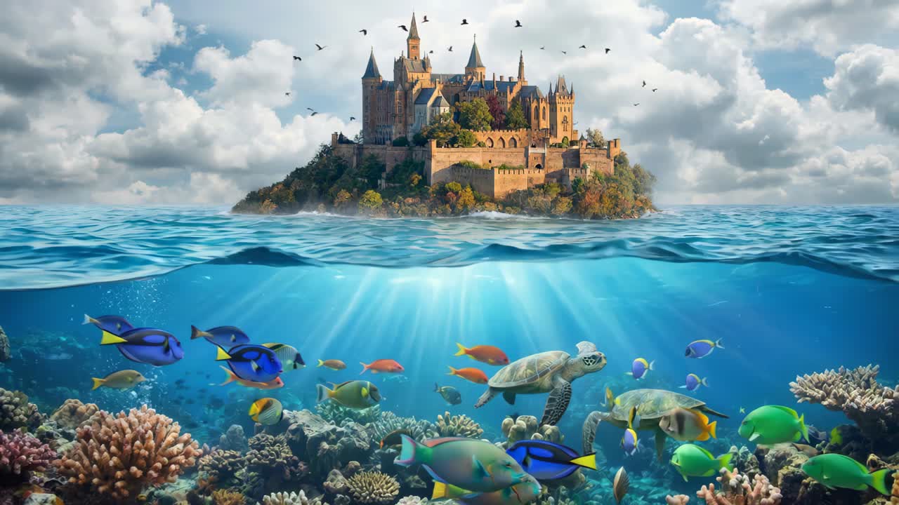 Atemberaubende Szene einer Märchenfestung, umgeben von lebendiger Unterwasserwelt