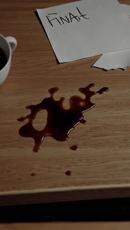 coffee stain on a wooden table with a final paper