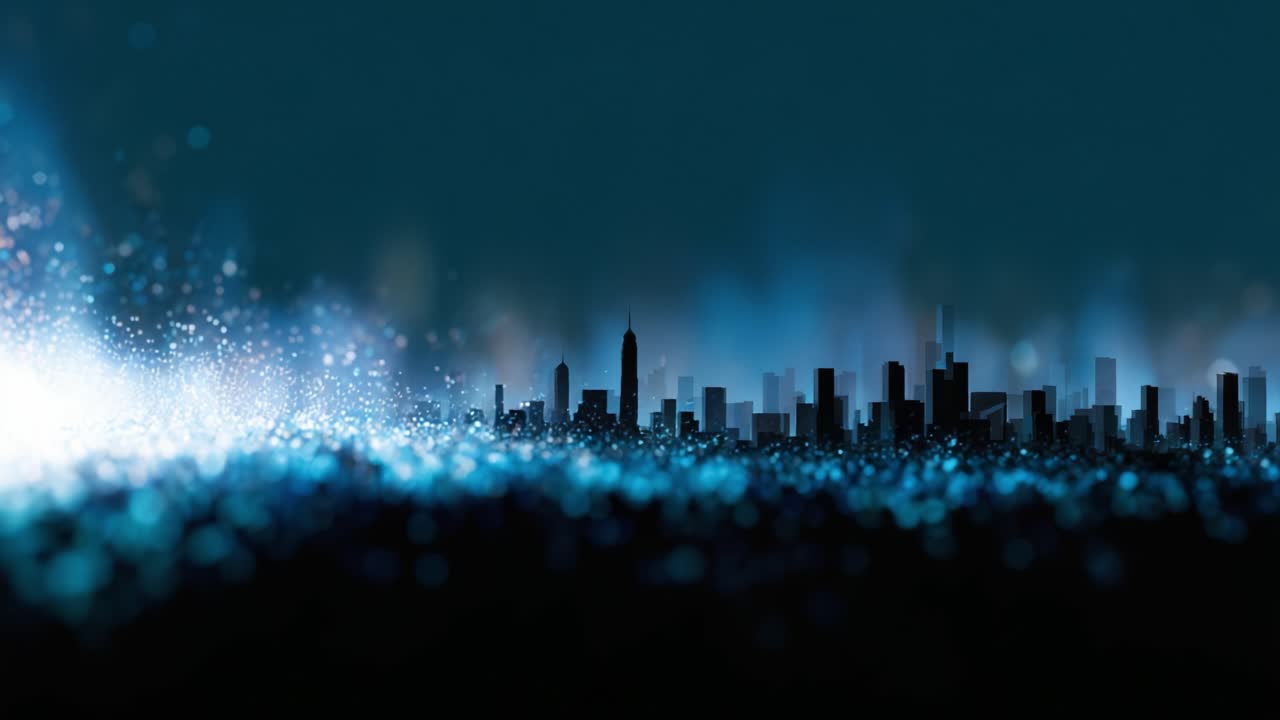 A Beautiful City Skyline at Night Surrounded by Sparkling Lights and Magical Blue Atmosphere Captured in Two Stunning Frames of a Video Sequence