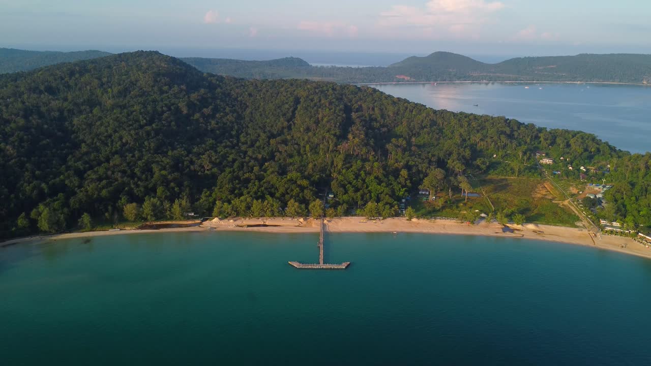 Cambodia exotic island Koh Rong Samloem Sihanoukville, aerial sandy beach shore