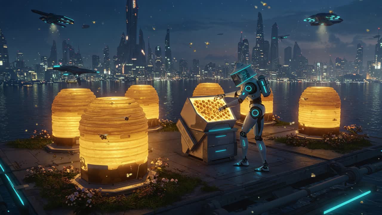 In a futuristic skyline, a robotic entity interacts with glowing hives on a platform, showcasing a harmonious blend of technology and nature under a starry sky