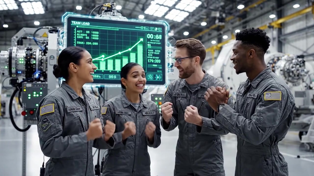 Team of Engineers Reviewing Data on a Digital Screen in a High-Tech Facility, Celebrating Progress and Collaboration in a Modern Engineering Environment