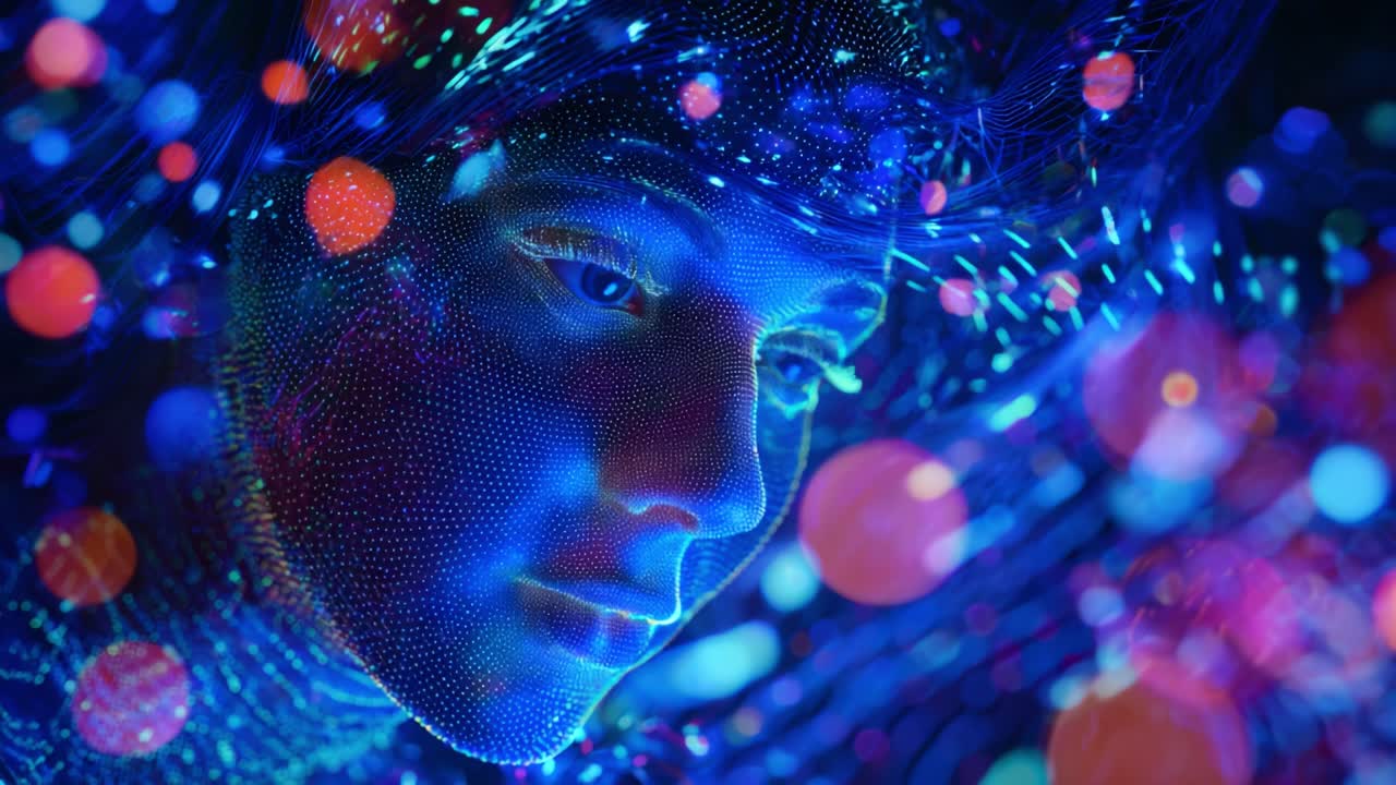 A Stunning Close-Up of a Neural Network-Inspired 3D Face Within a Colorful, Abstract Digital Environment Filled with Intense Light Patterns and Illuminated Orbs