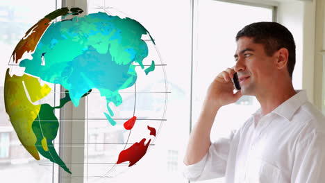 talking on smartphone, man with world map animation over window background