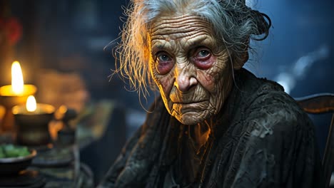 elderly woman seated at a table in dim light with intense expression