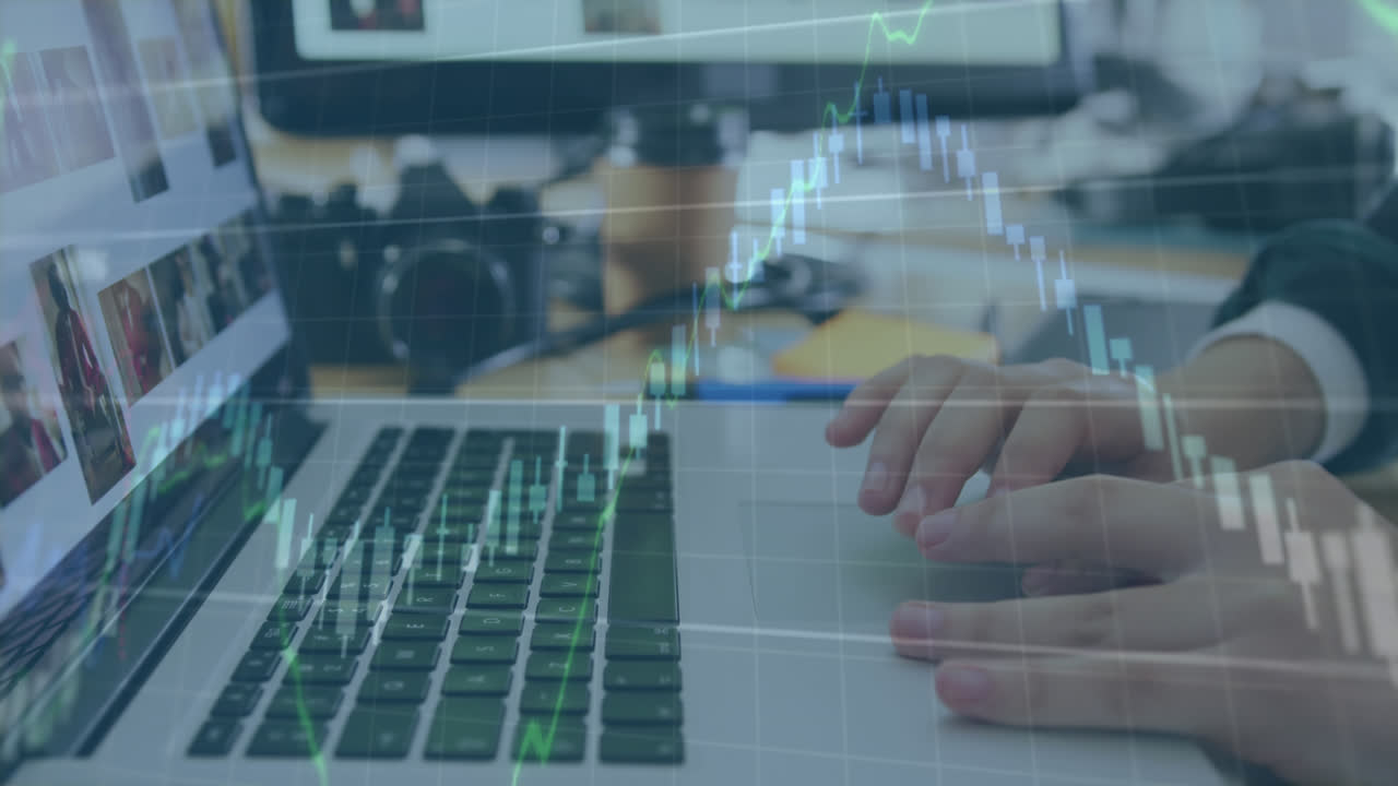 animazione dell'elaborazione dei dati finanziari su una sezione centrale di una fotografa che utilizza un portatile