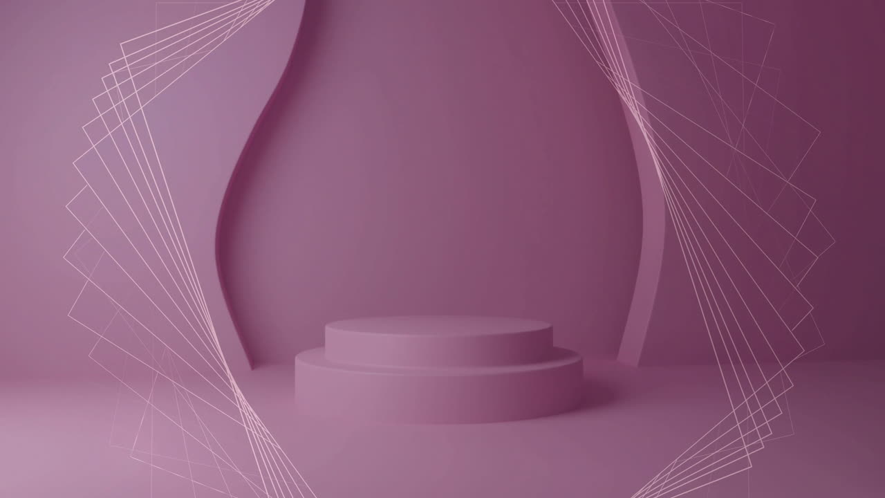 Animation of white 3d network structure over pink circular podium and background