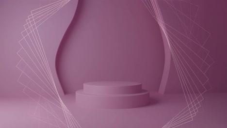 animation of white 3d network structure over pink circular podium and background