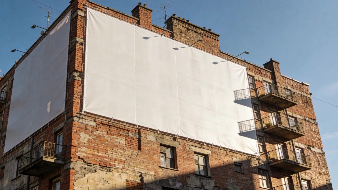 Telecamera che riprende un cartellone pubblicitario vuoto su un edificio in mattoni in strada, con balconi che proiettano ombra.