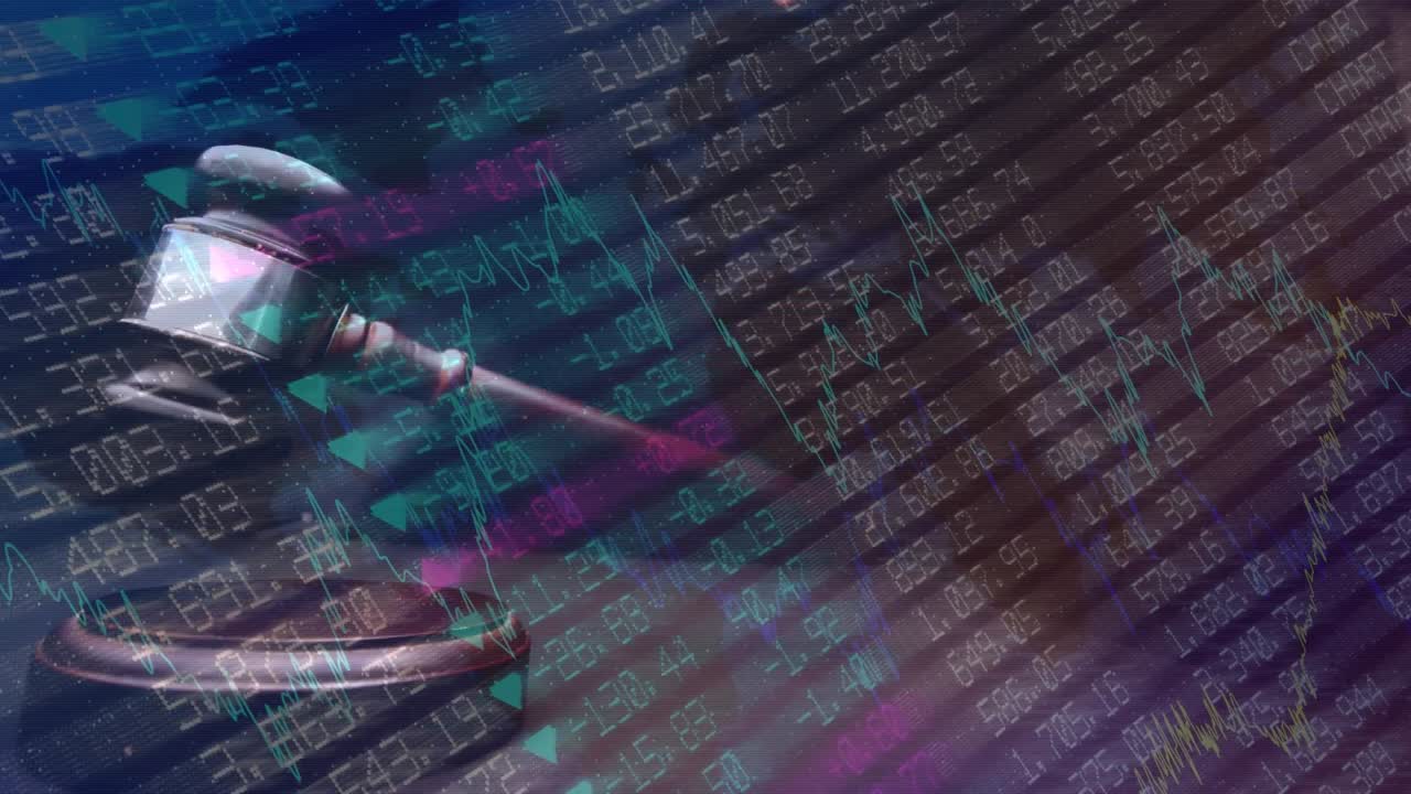 Animation of statistics and financial data processing over auctioneer's hammer