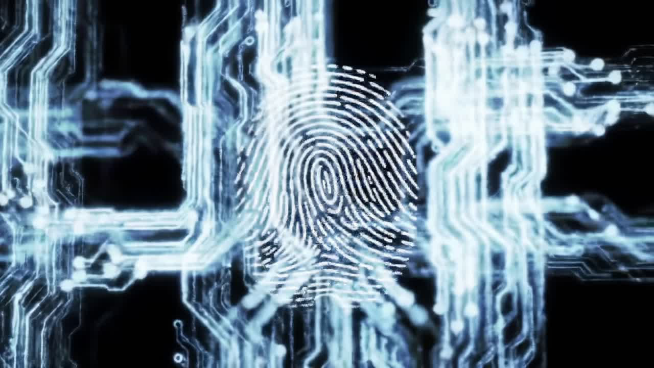 Intricate digital representation of a fingerprint illuminated in blue, symbolizing identity verification and cybersecurity, surrounded by electronic circuits and tech elements