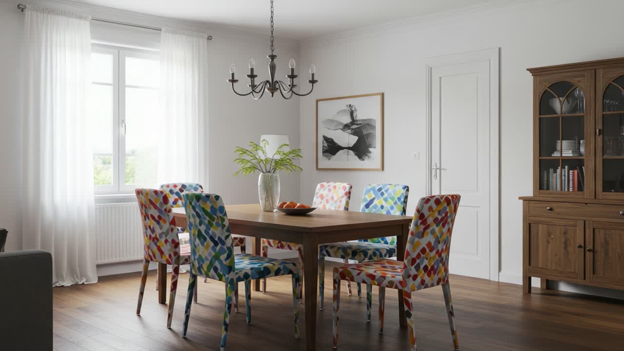 A Bright and Inviting Dining Room Featuring Colorful Chairs, Elegant Chandelier, and Modern Decor Enhancing Togetherness and Comfort