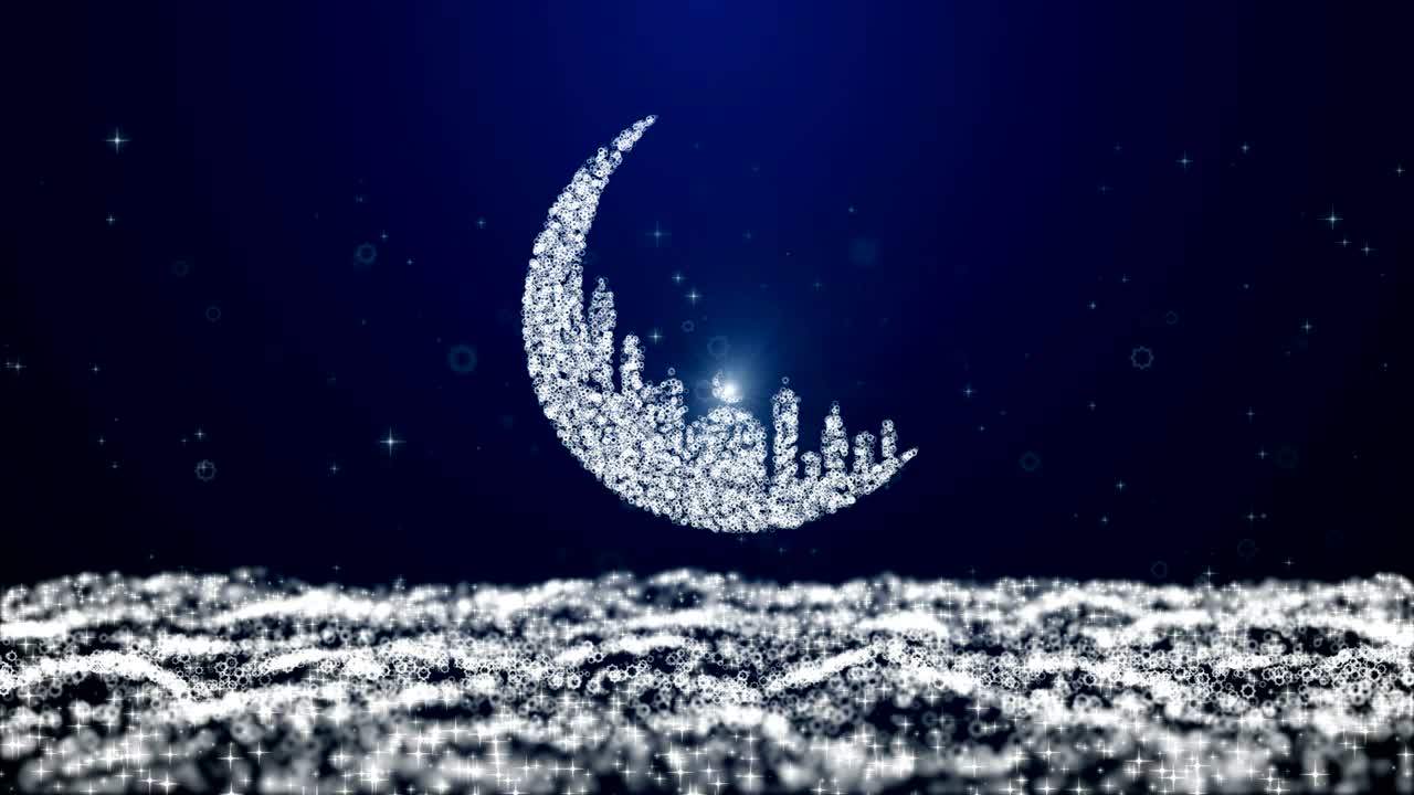 animación, fondo abstracto de movimiento, anuncio de avistamiento de la mezquita de la luna ramadán kareem mubarak giro con fondo azul cielo.