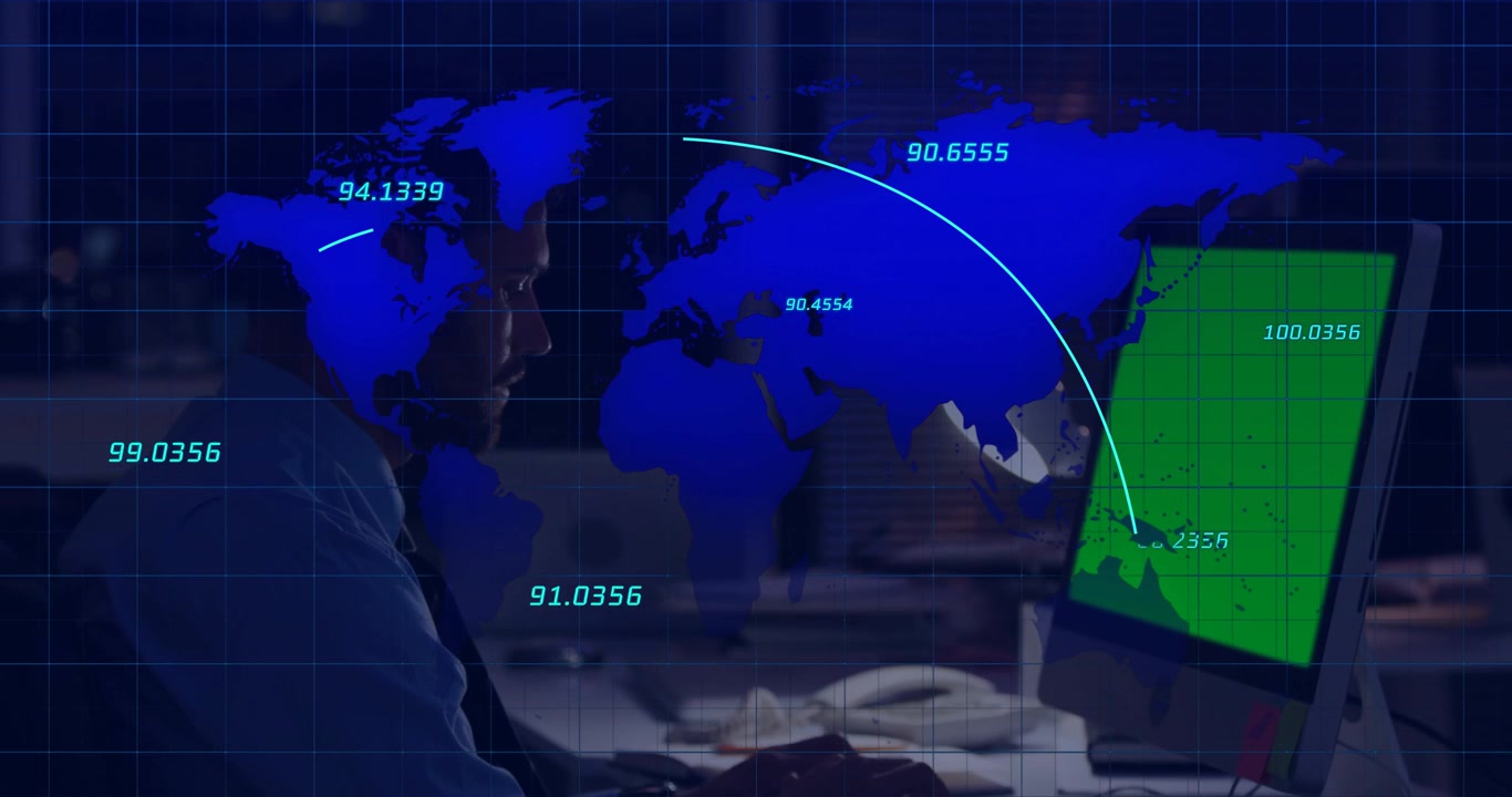 Male analyst typing on keyboard, initiating blue arcs across world map, monitoring network digits