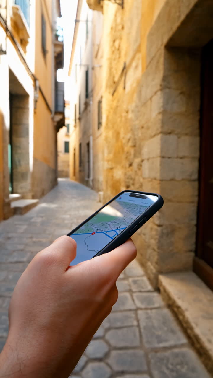 Person Navigating a Historic Alley with a Smartphone Map App