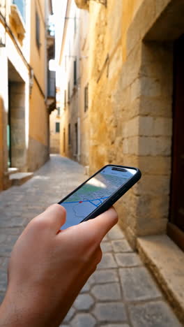 person navigating a historic alley with a smartphone map app