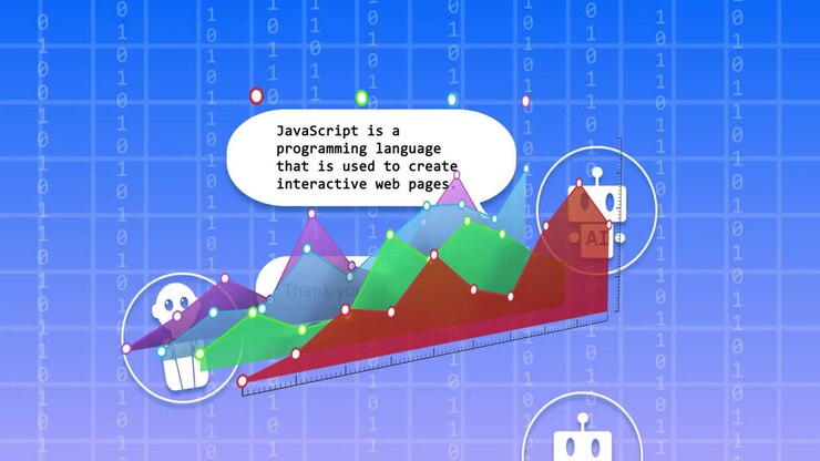 Текст на языке программирования JavaScript на фоне анимированного графика и двоичного кода.