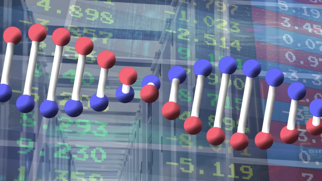 Animazione del mercato azionario e di un filamento di DNA su una sala server