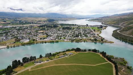 cromwell town and clutha river, mata-au from cornish point in otago, new zealand