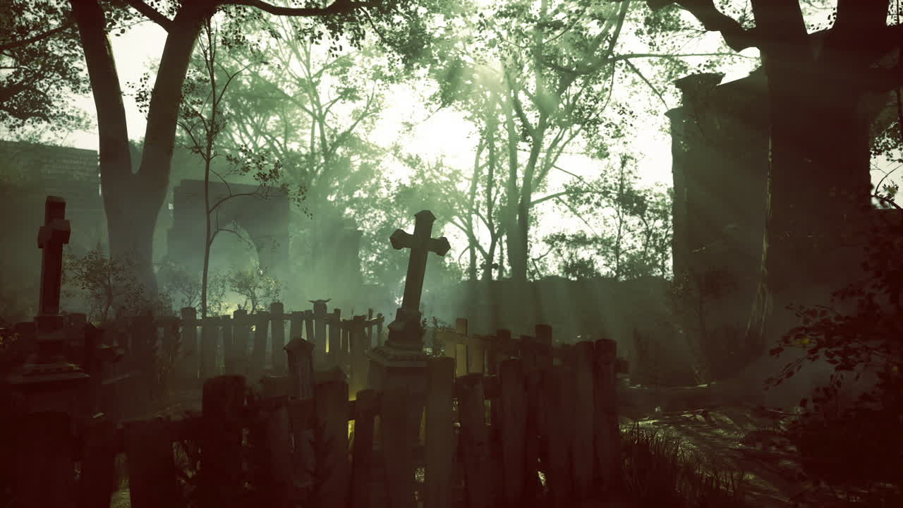 Morbida luce solare penetra un cimitero nebbioso durante i primi e pacifici momenti mattutini.