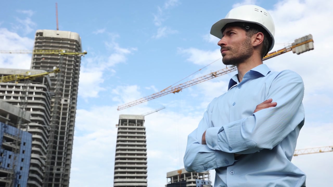 Ingeniero pensativo con sombrero observando la obra de construcción
