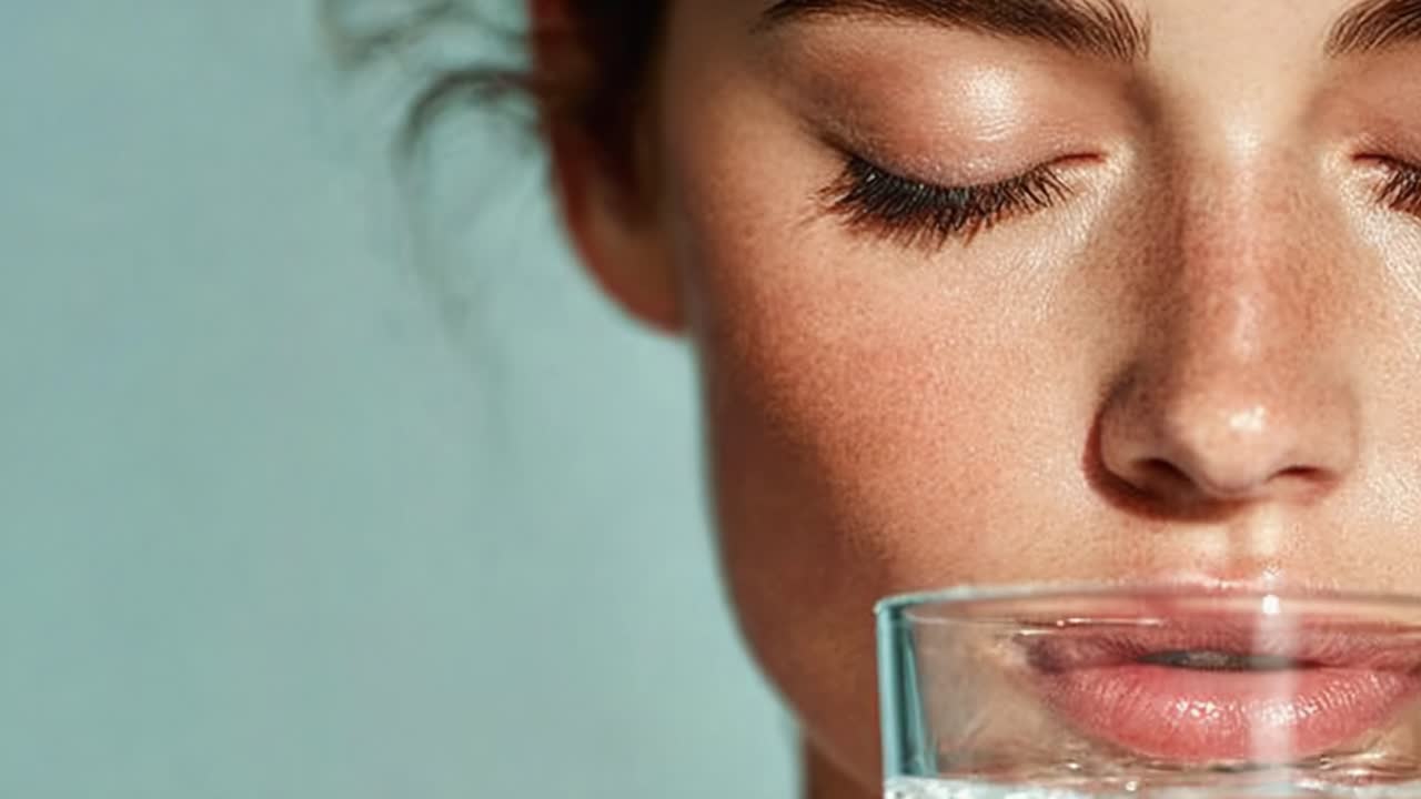 Un'esplorazione ravvicinata dell'idratazione, che cattura la delicata bellezza di una persona che assapora l'esperienza rinfrescante di bere acqua, enfatizzando la salute e la vitalità della pelle