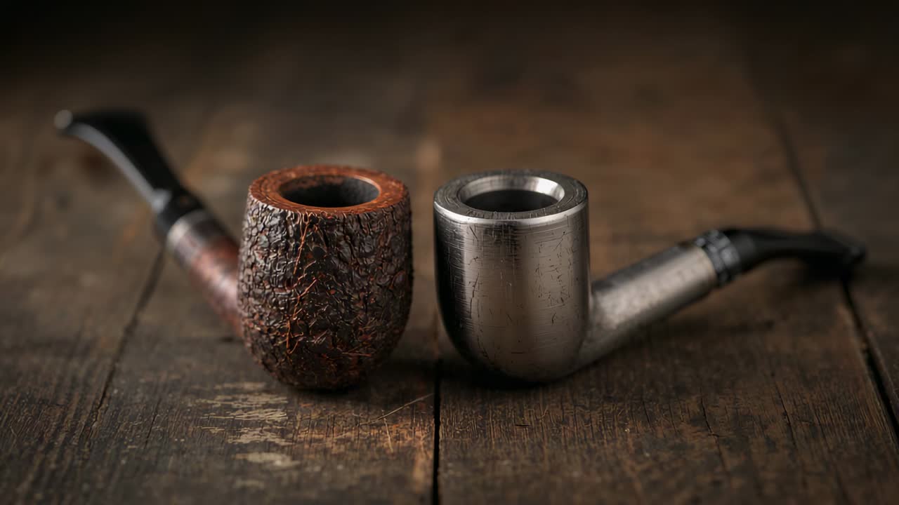 Shifting camera focus revealing paired tobacco pipes on wood tabletop, showing briar and metal pipe