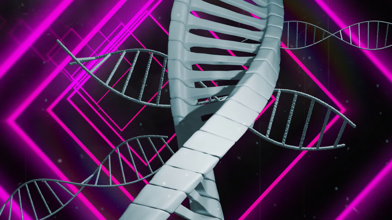 DNA strands and geometric shapes animation over neon pink background ...