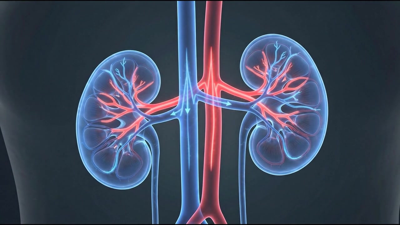 Detailed kidney pair with renal arteries and veins in blue anatomy render