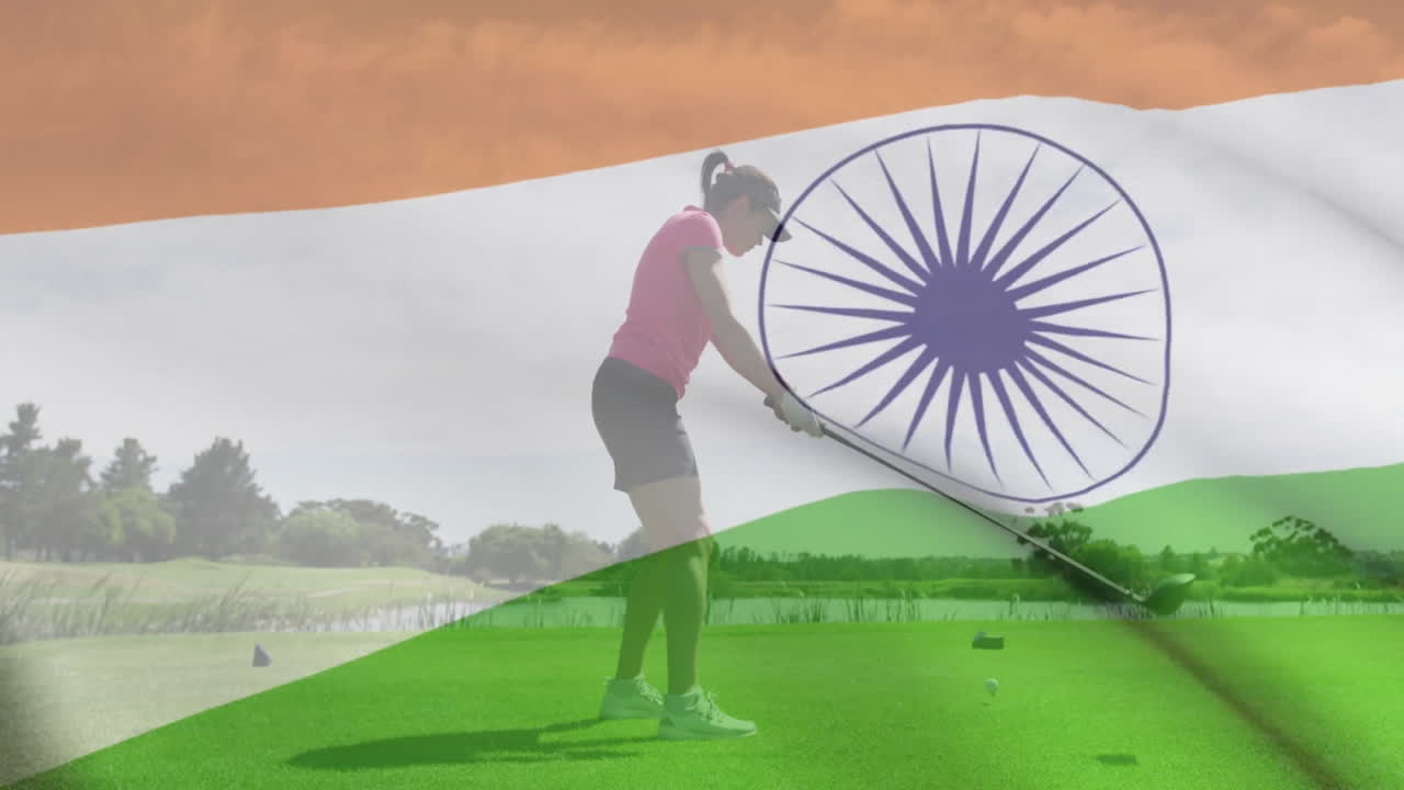 Mature woman swinging golf club on fairway tee box, overlaying Indian flag for business branding