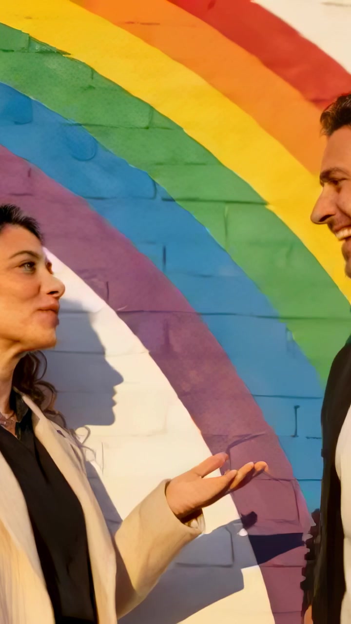 Vertical video: Smiling couple laughing after smile at rainbow mural with shadows blazer and jacket