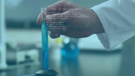 holding test tube with blue liquid, scientist working in laboratory animation