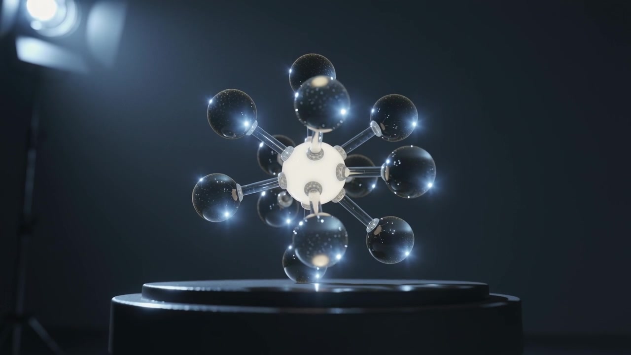 Rotating molecular sculpture above round pedestal, camera pulling back to show lamp highlights