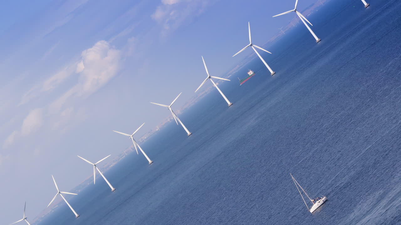 Aerial drone view of a sailboat cruising in Oresund waters, with a line of offshore wind turbines in the background