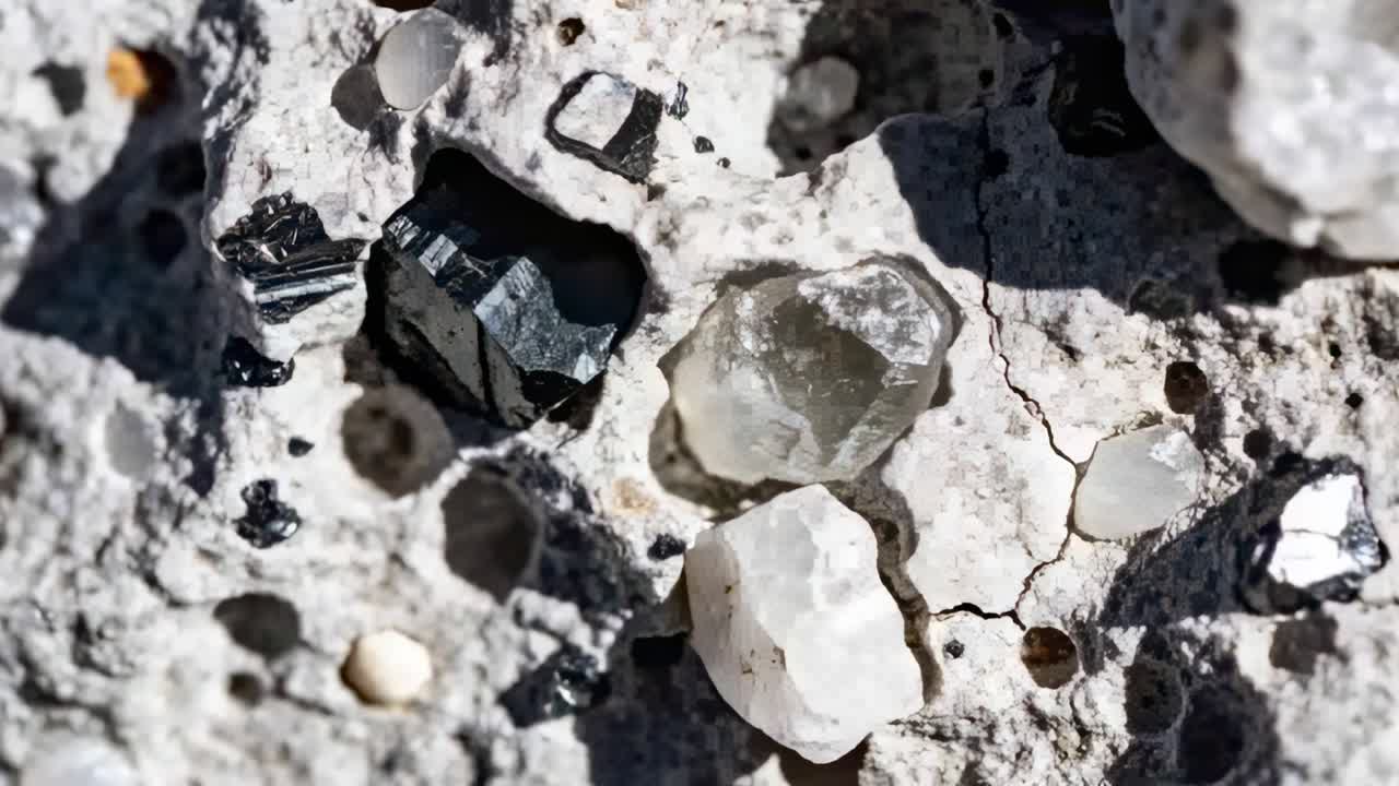 La telecamera ingrandisce rivelando due cristalli bianchi trasparenti su una roccia, mostrando un cristallo scuro e squadrato per i dettagli