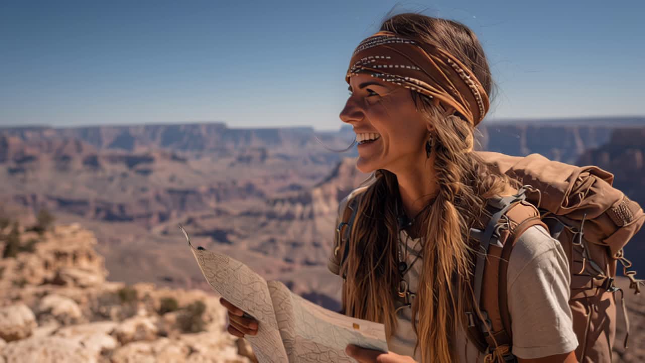 Footage of a smiling young woman hiker holding a paper map at a scenic canyon overlook, wearing a backpack and headband on a sunny day outdoors