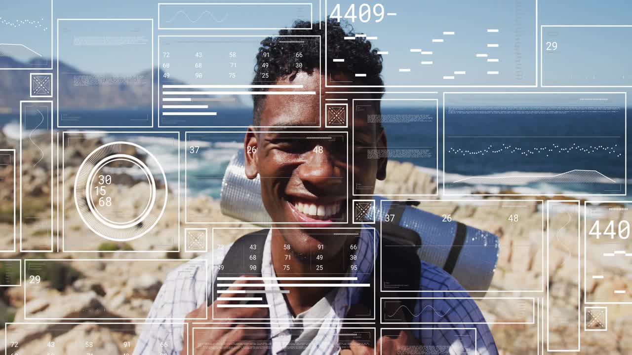 Man adjusting backpack strap on seaside cliff camera focusing starting HUD simulating face scan