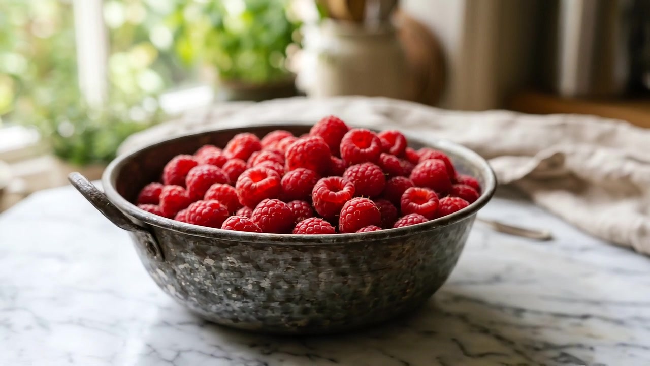 Fresh Sweet Red Raspberries Piled High inside Antique Dark Metal Bowl