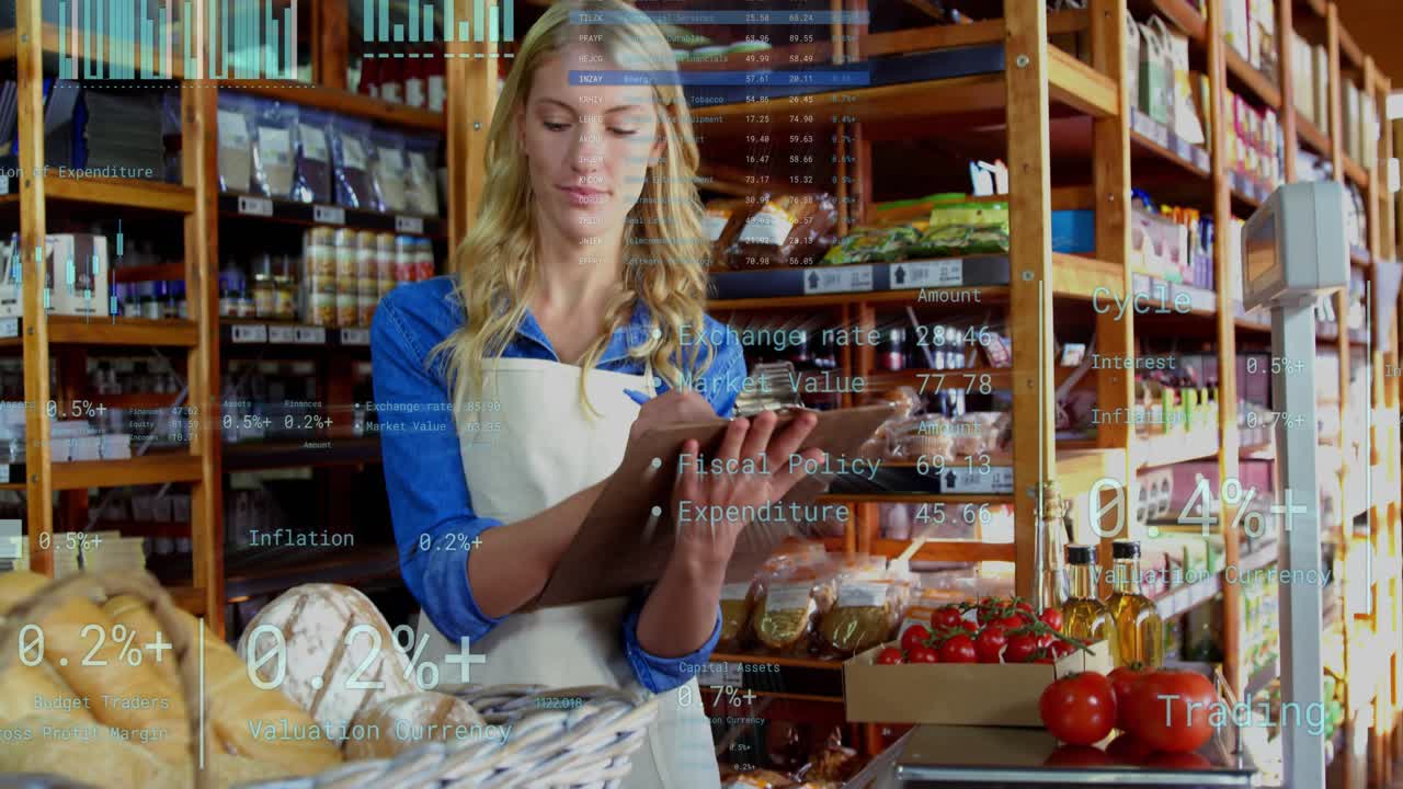 Woman clerk reading clipboard and writing in retail as animated charts appearing and guiding stock