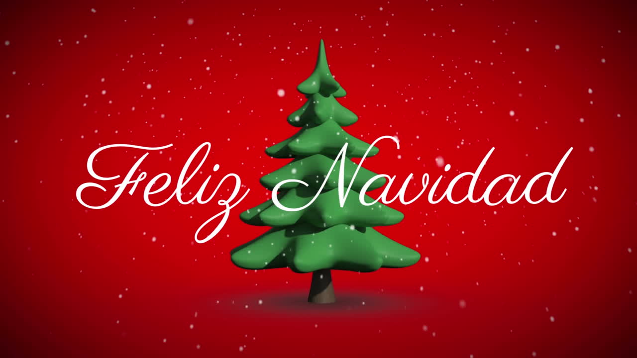 texto feliz navidad contra la nieve que cae sobre el icono del árbol de navidad giratorio en fondo rojo